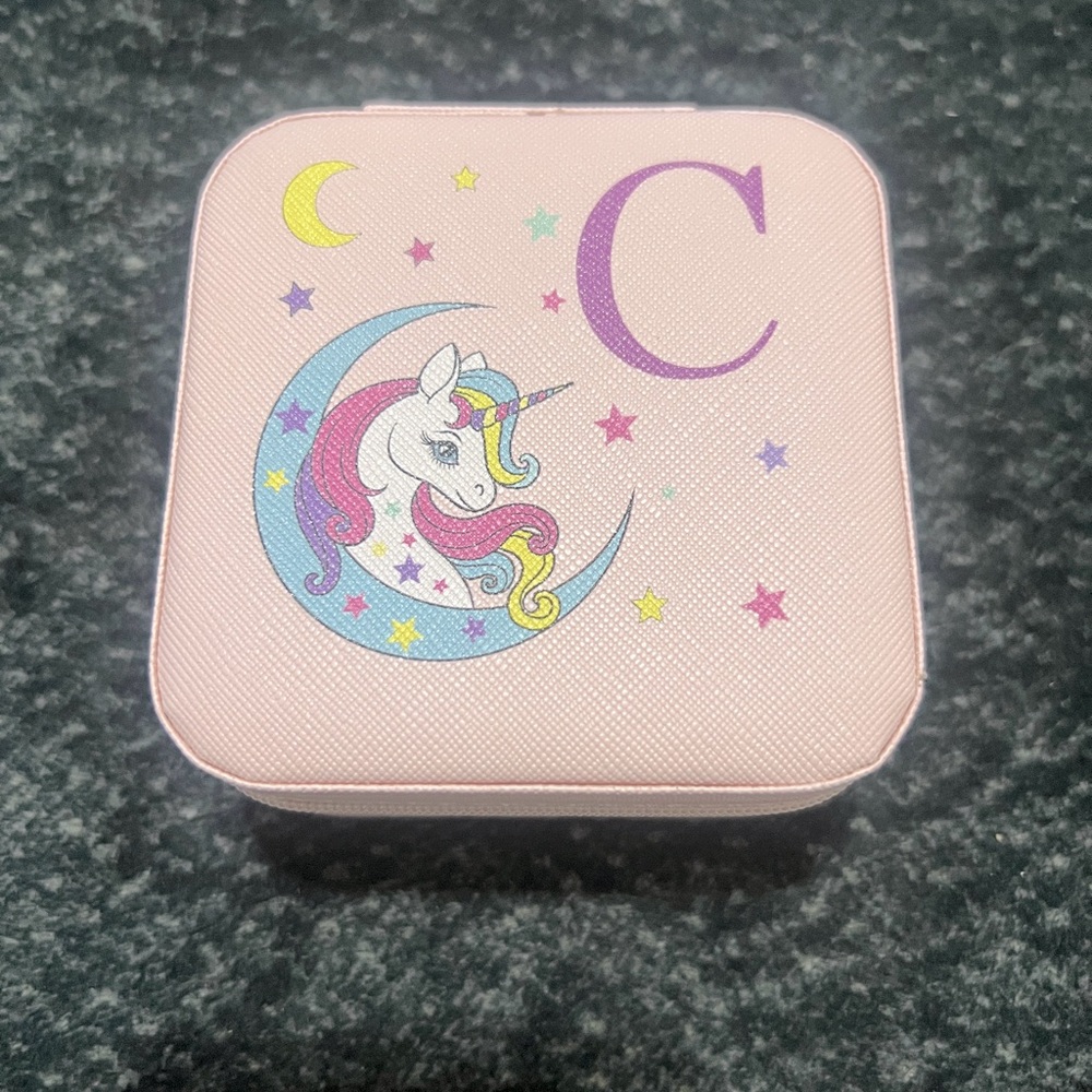 Girl’s Unicorn Travel Jewelry Case with Initial Letter C